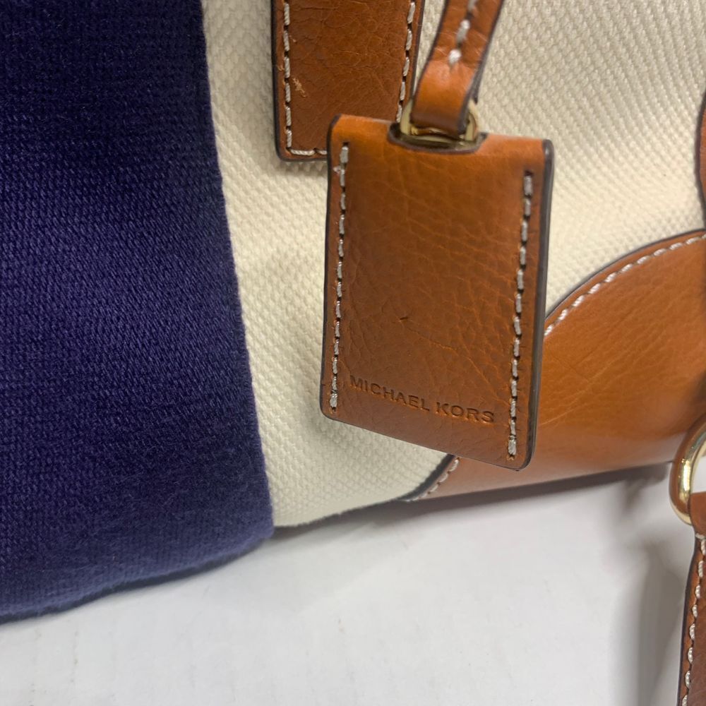 Michael Kors Hamilton Satchel Navy and Cream Stripe Canvas/Leather Shoulder Bag - Picture 5 of 16